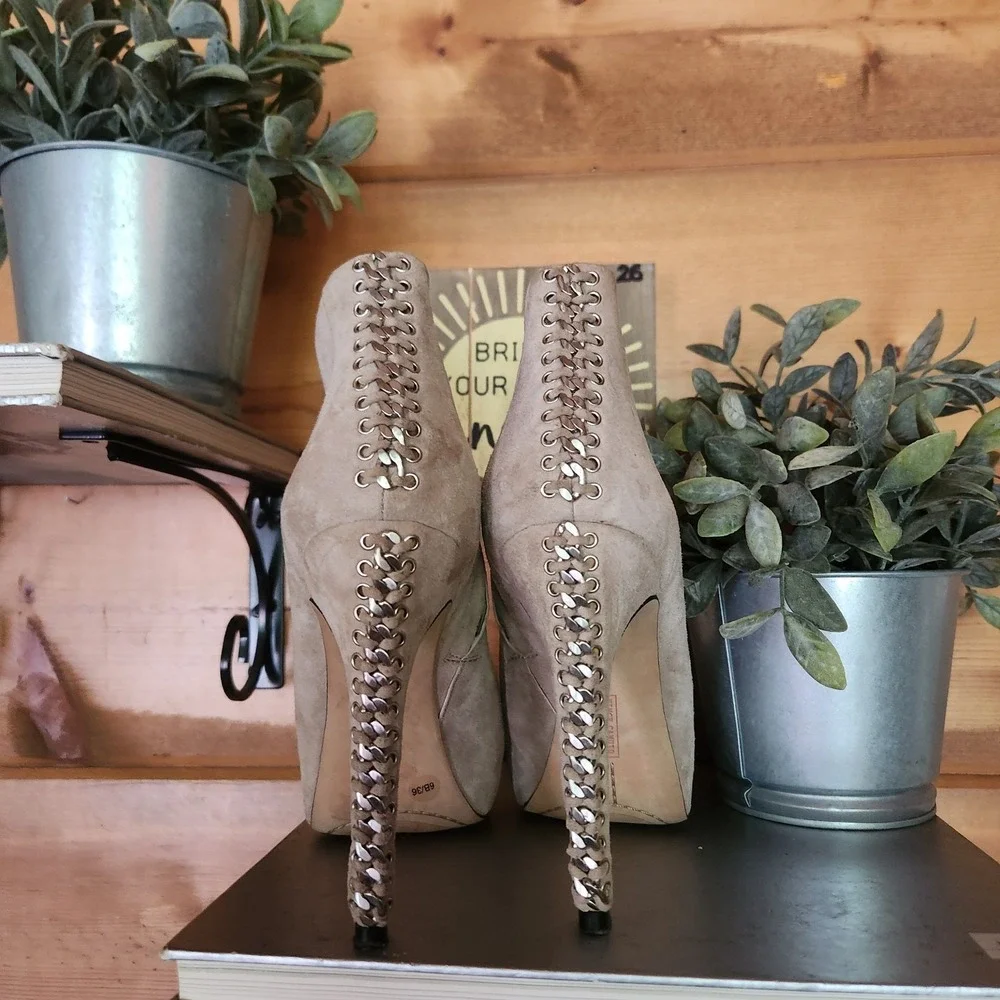 Vince Camuto Cannon Suede Platform Ankle Booties Chain Braid Lace Up Heels Sz 6B